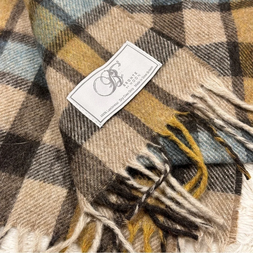 Bronte by Moon Lambswool Plaid Scarf in Blue, Brown, and Tan, Great Britain